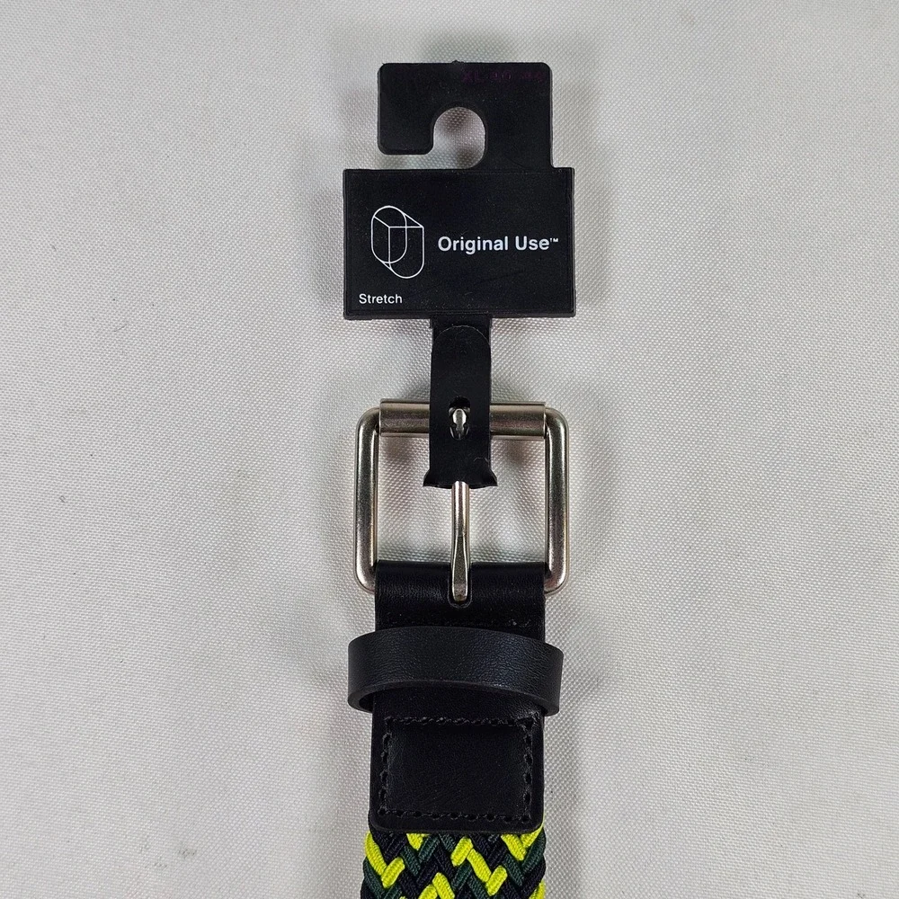 Original Use Mens Braided‎ Stretch Belt XL 40-44 Black Green Yellow Woven Buckle